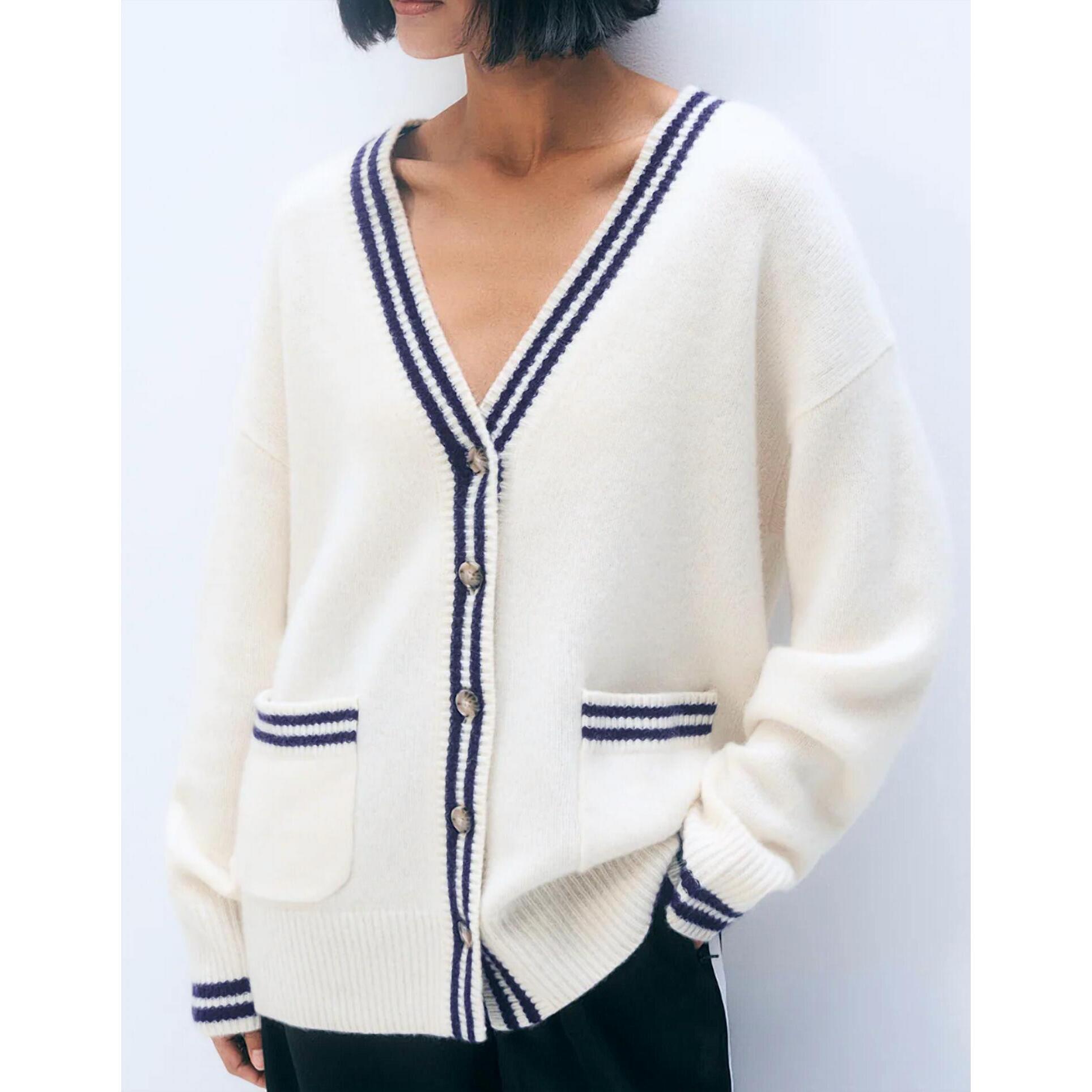 New White + Warren Cashmere Varsity Cardigan Sweater In Soft White | Deep Navy